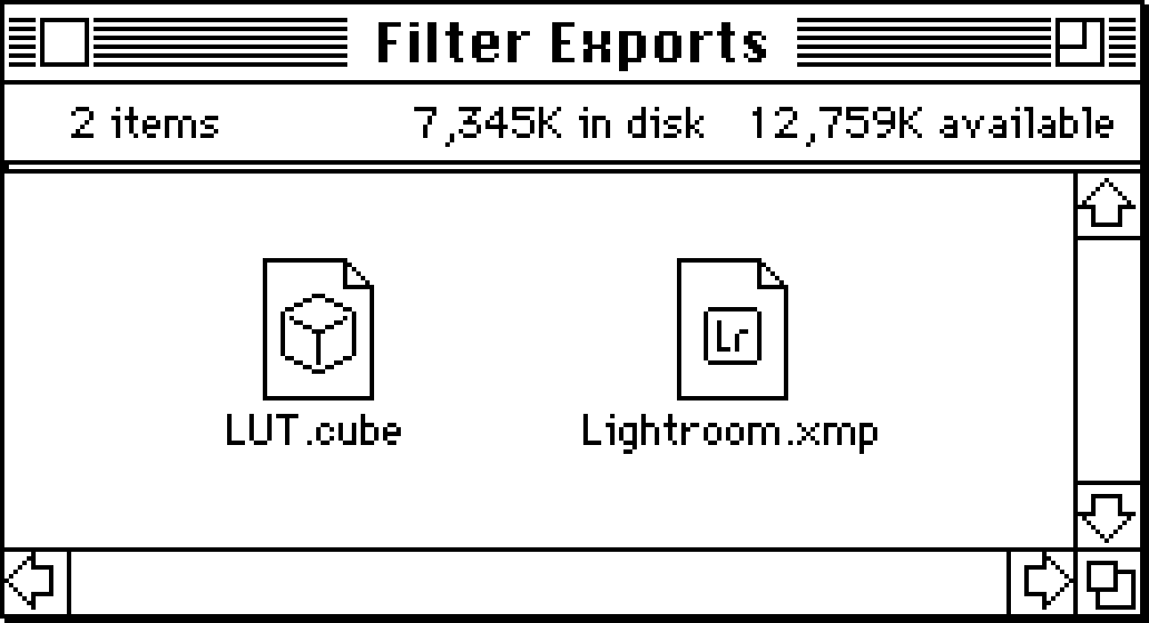 Two filters exported as a CUBE LUT and an XMP profile for use in Adobe Lightroom.